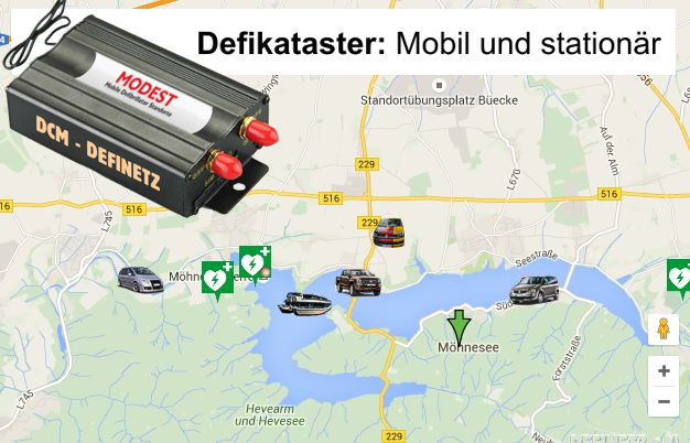 Im Defikataster oder auf der Hompage einer Leitstelle stellte sich die Situation jeweils in Echtzeit wie auf diesem Originalscreenshot dar. Grün sind fest installierte Defibrillatoren. Abb (c) definetz